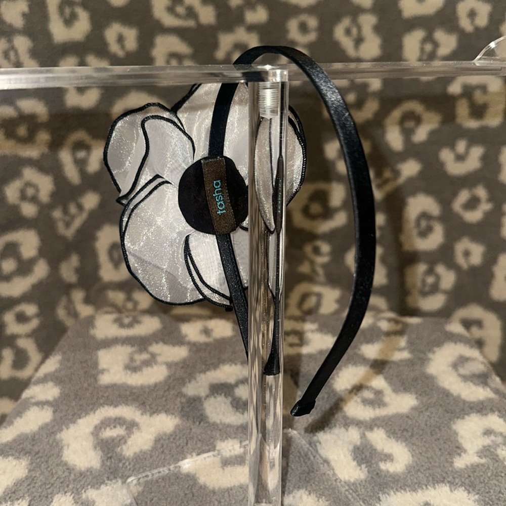 Tasha Black Band with Elegant Sheer White Flower with Clear Rhinestone Headband - Picture 7 of 17